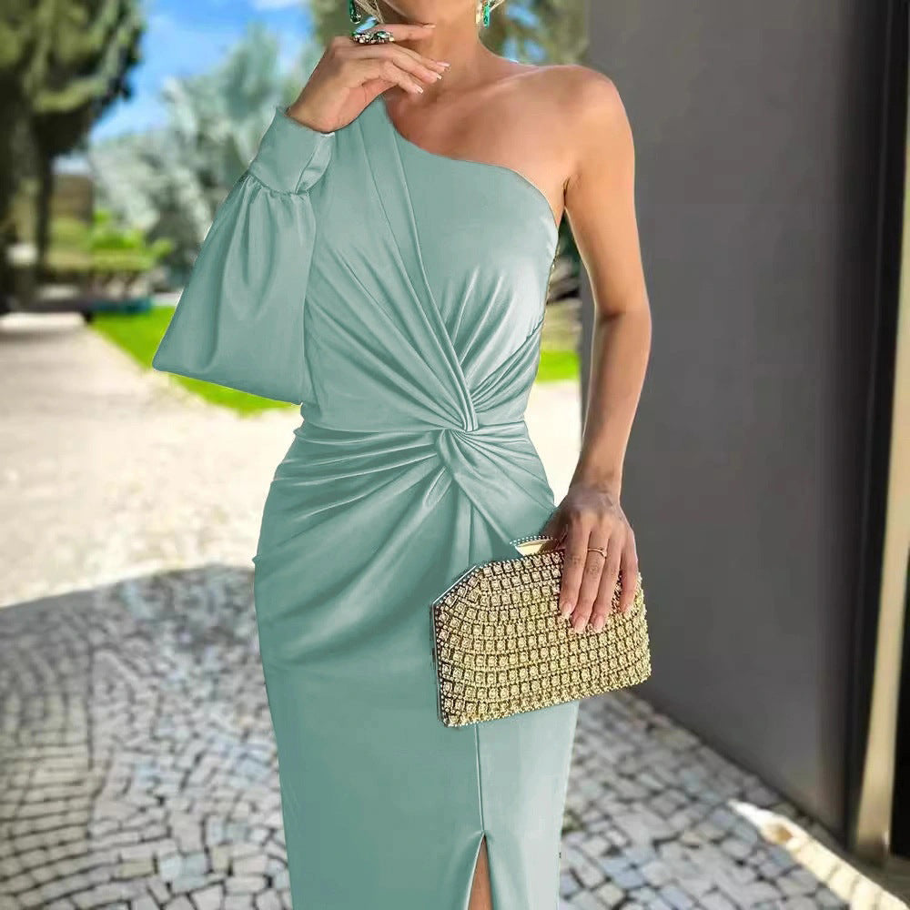 Slanted Shoulder Knot Split Slim Fit Dress