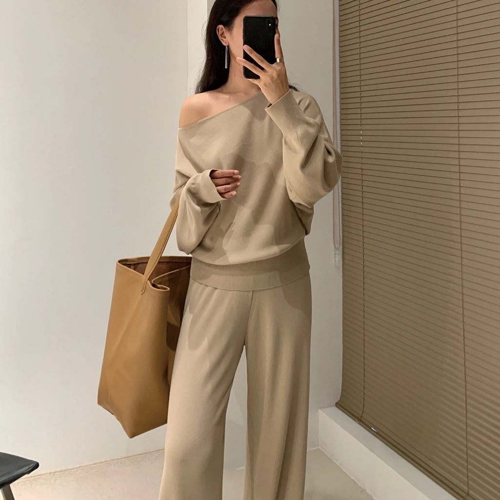 Knit Off-Shoulder Two-Piece Lounge Set
