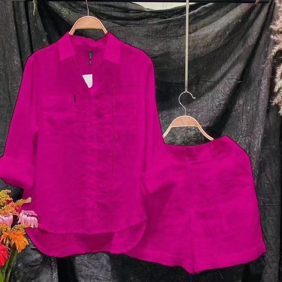 Plus Size Cotton Linen Casual Shirt and Shorts Set