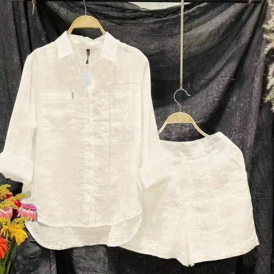 Plus Size Cotton Linen Casual Shirt and Shorts Set