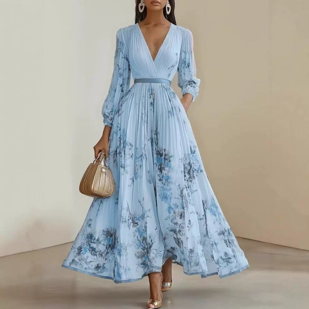 Floral Print V-Neck Pleated Long Dress