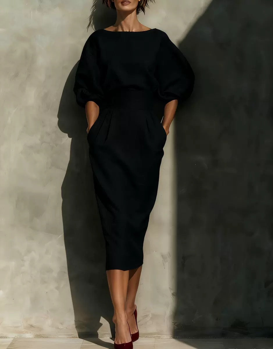 Elegant Boat Neck Puff Sleeve Dress