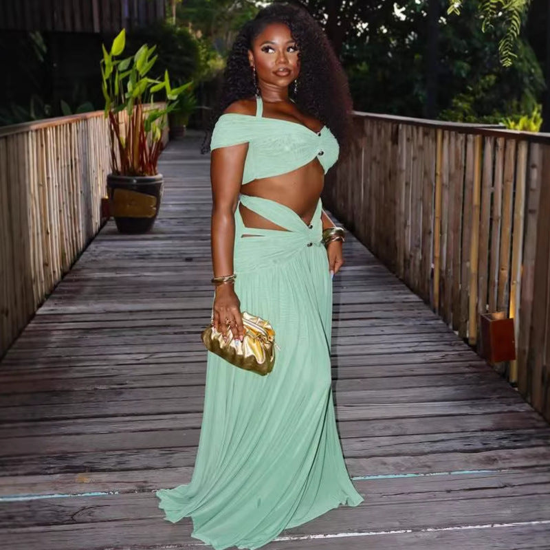 Solid Color Halter Neck Two-Piece Skirt Set