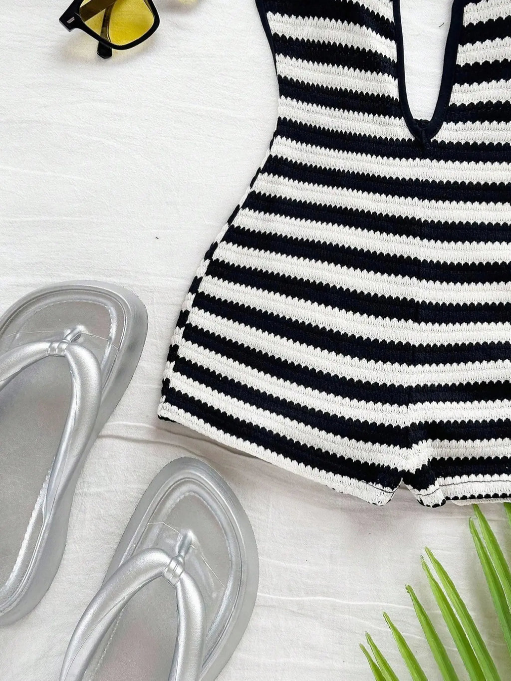 Women'S New Fashion Comfortable Versatile Deep V Neck Halter Striped Vest Jumpsuit Shorts Set, Stylish All-Season Wear