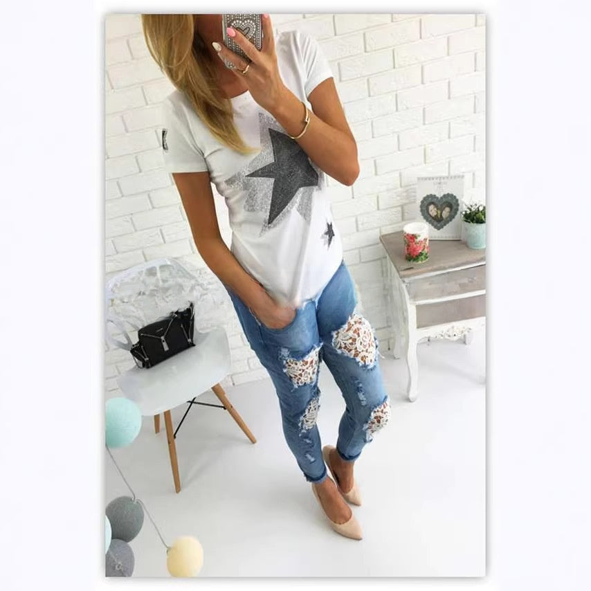 Mid-Rise Stretch Ripped Straight Leg Jeans