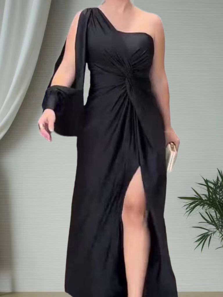 Slanted Shoulder Knot Split Slim Fit Dress