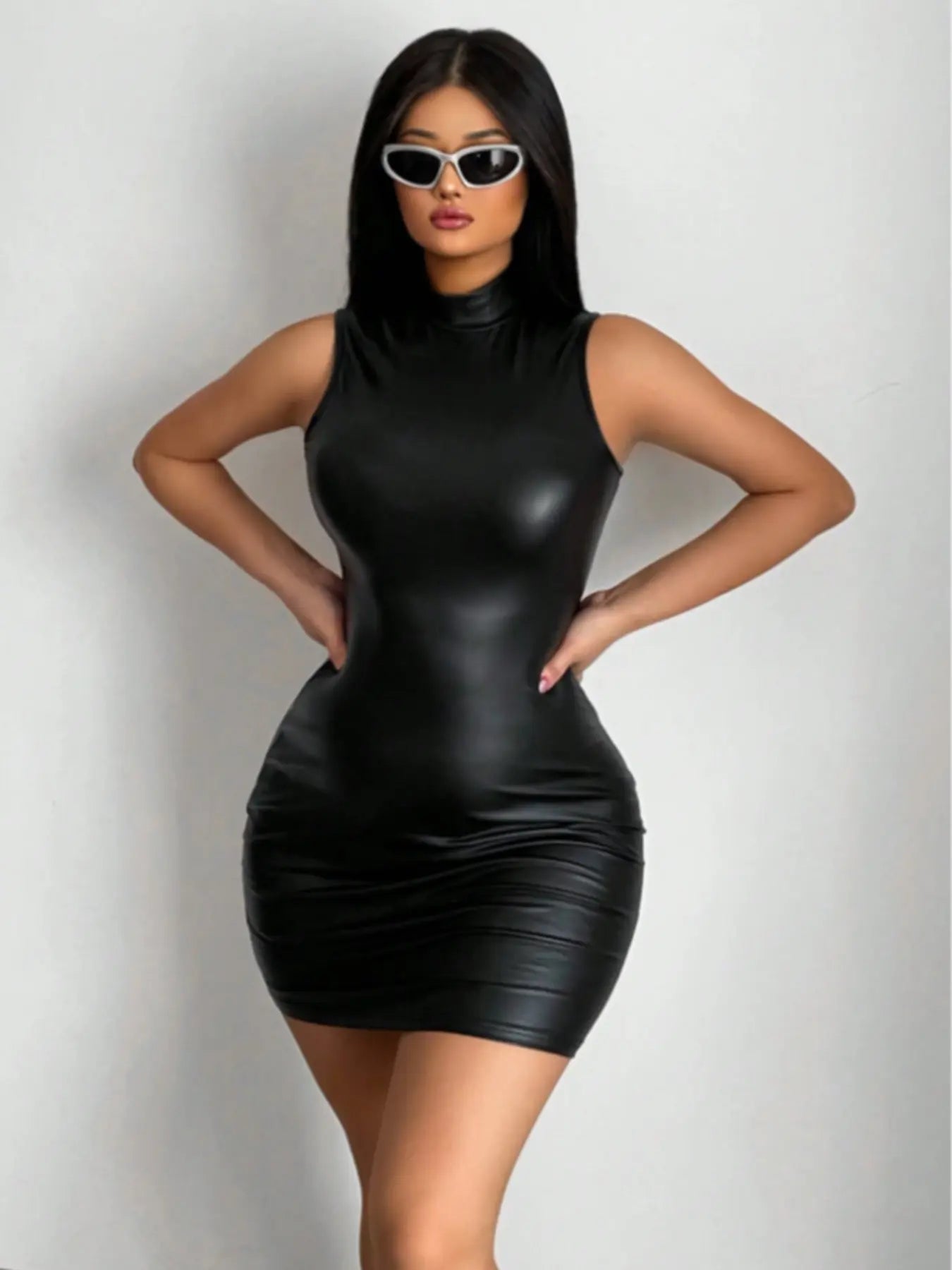 Chic Sleeveless High Neck PU Leather Dress for Women - Perfect Slim Fit Party Attire