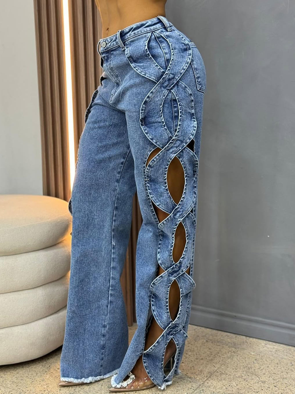 Denim Patchwork Hollow Out Pants