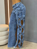 Denim Patchwork Hollow Out Pants