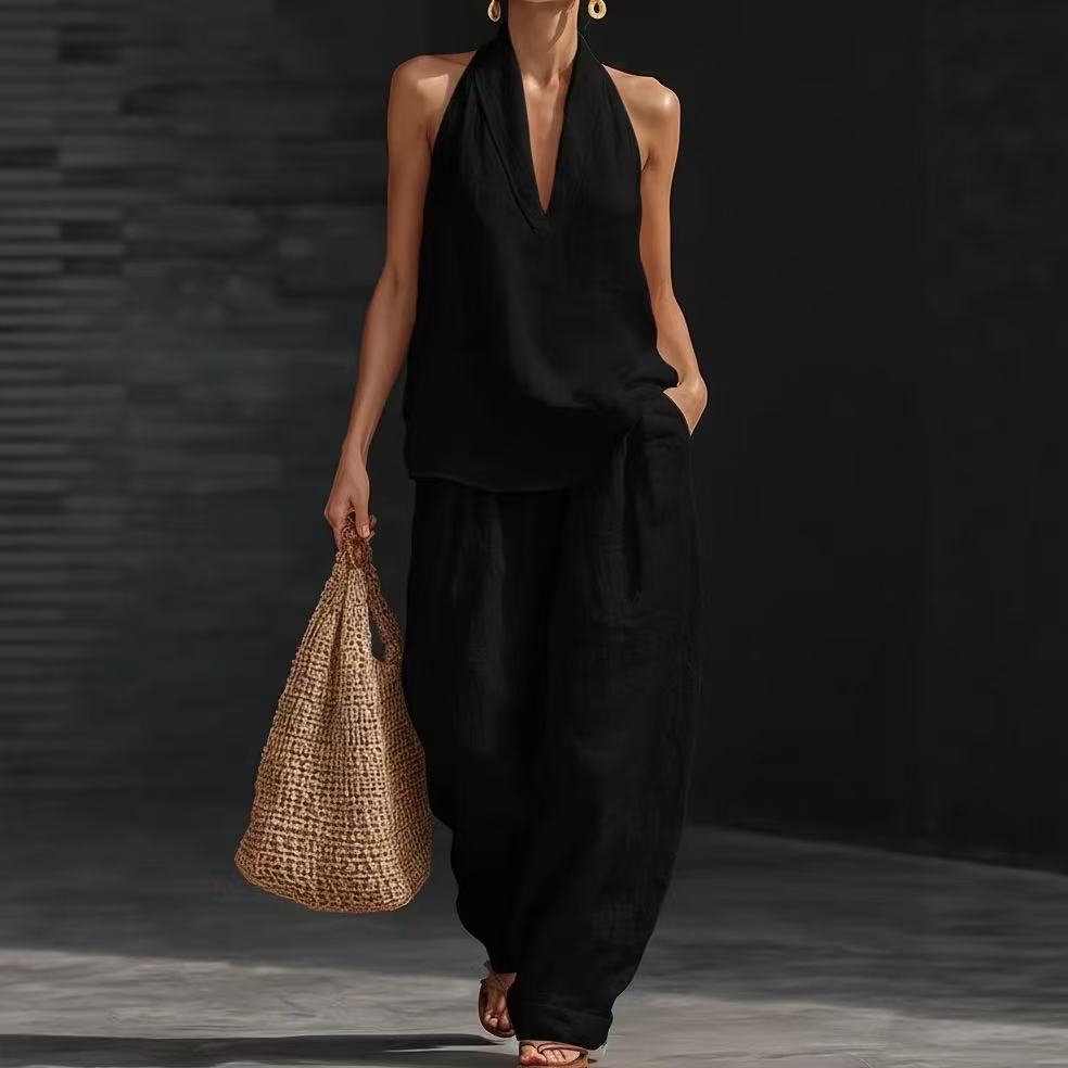 Poised Linen Two-Piece Set – Sleeveless Wide-Leg Outfit