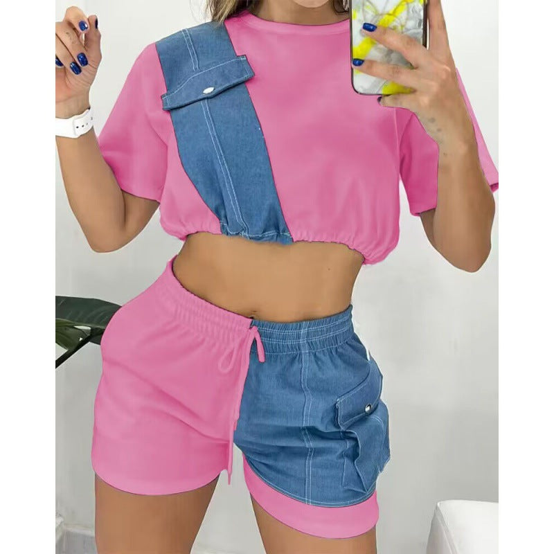 Denim Short Sleeve Shorts Set