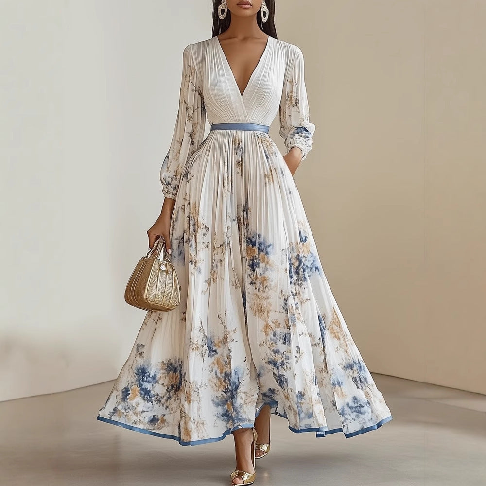 Floral Print V-Neck Pleated Long Dress