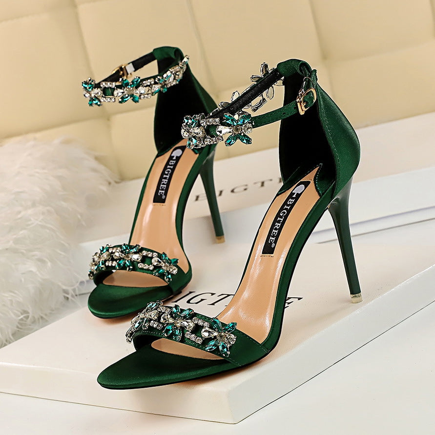 Satins Open Toe Rhinestone Strap Heels