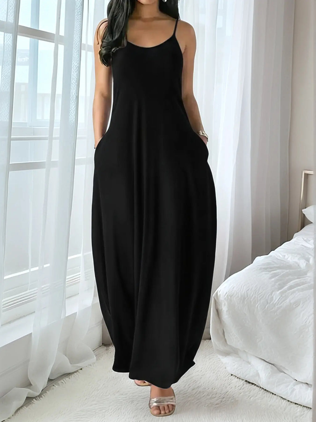 Chic Women's Long Leopard Print Coffee Dress - Comfortable Round Neck Sleeveless Pocket Sleepwear for All Seasons