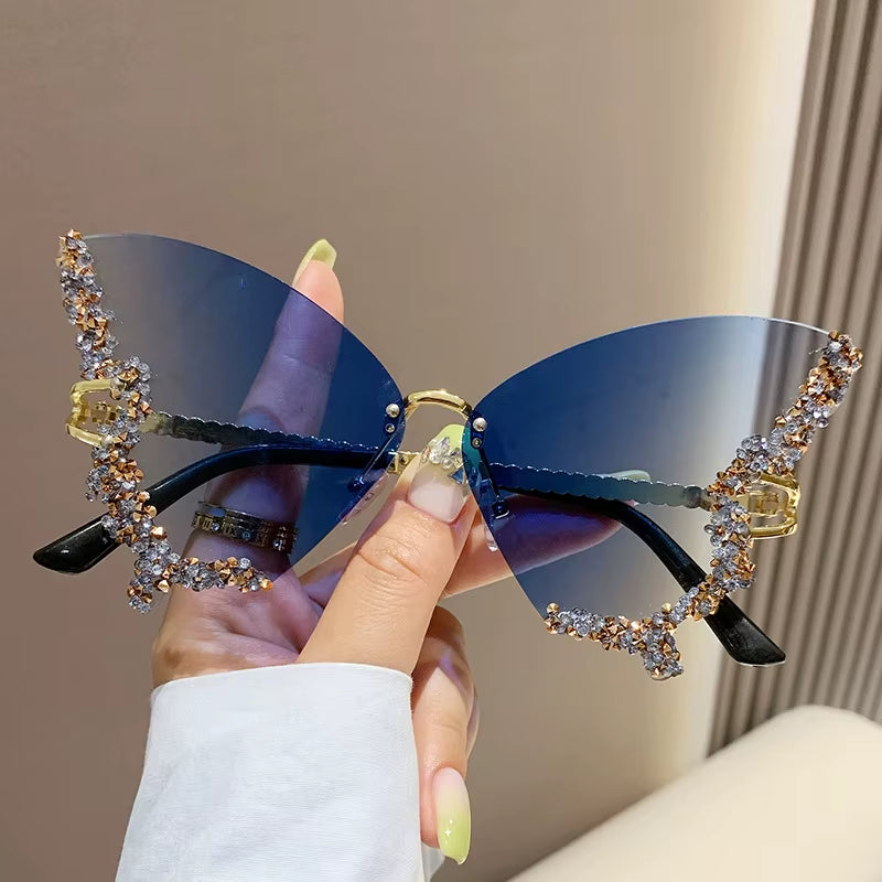 Luxury Diamond Butterfly Sunglasses Women Brand Y2K Vintage Rimless Oversized Sun Glasses Ladies Eyewear Shades UV400 Goggles