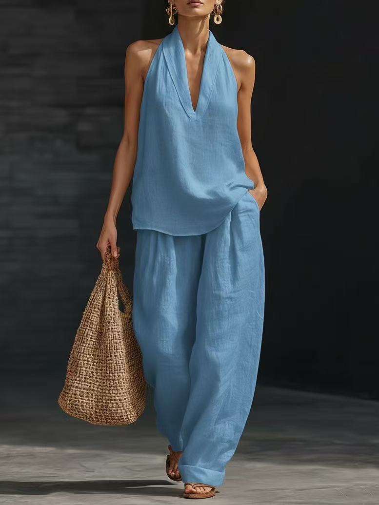 Poised Linen Two-Piece Set – Sleeveless Wide-Leg Outfit