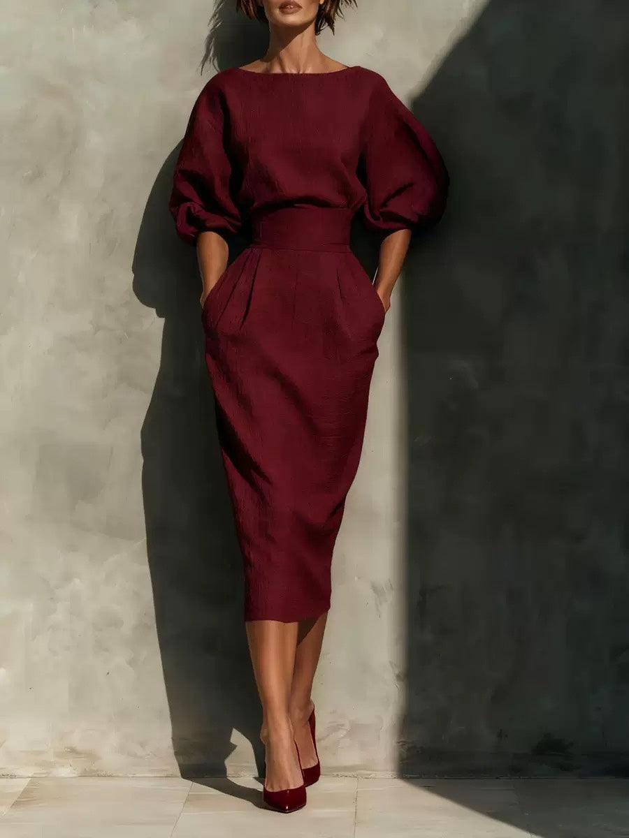 Elegant Boat Neck Puff Sleeve Dress