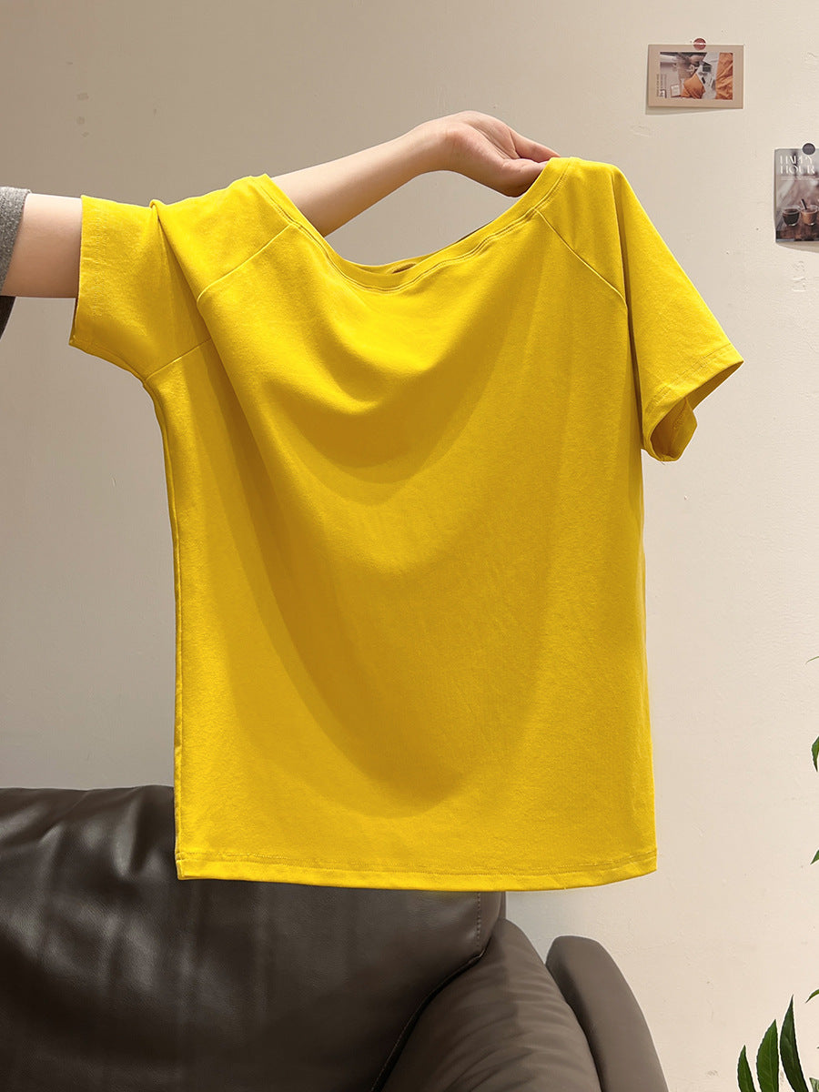 Off-the-Shoulder Loose Solid T-Shirt
