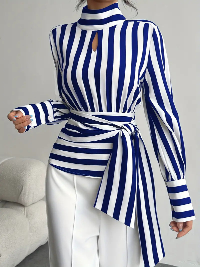 Striped Scarf Collar Blouse