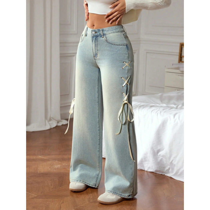 Wide-Leg Denim Jeans with Side Ribbon