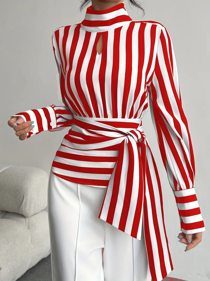 Striped Scarf Collar Blouse