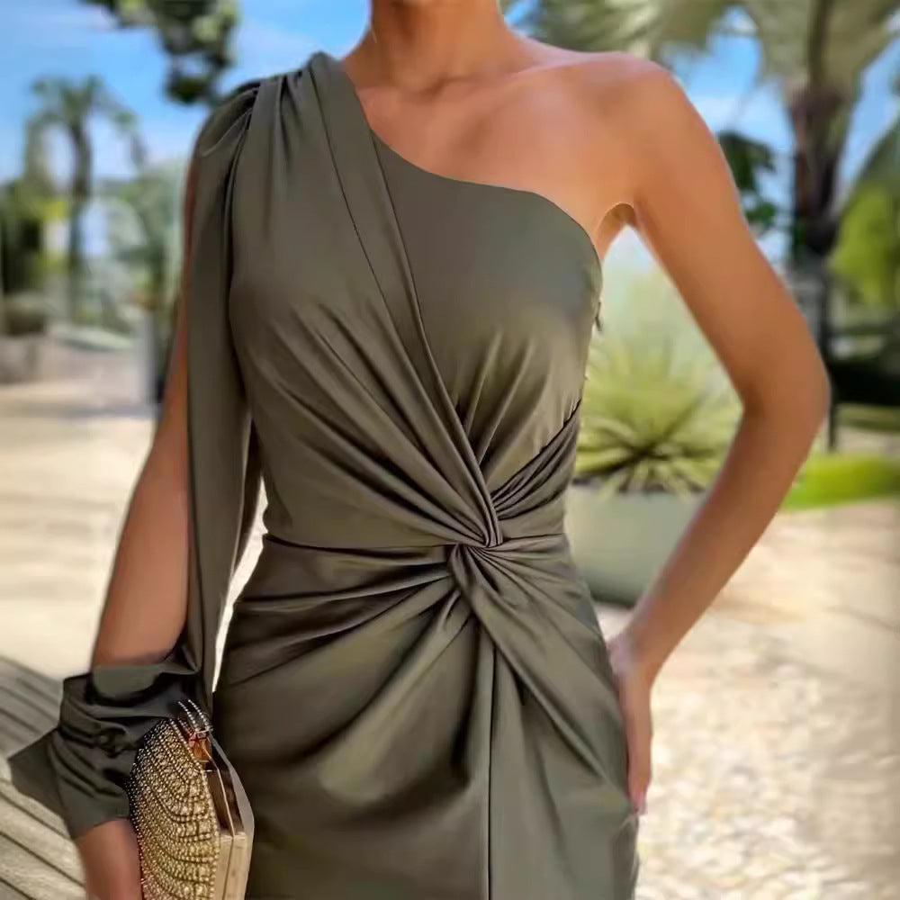 Slanted Shoulder Knot Split Slim Fit Dress