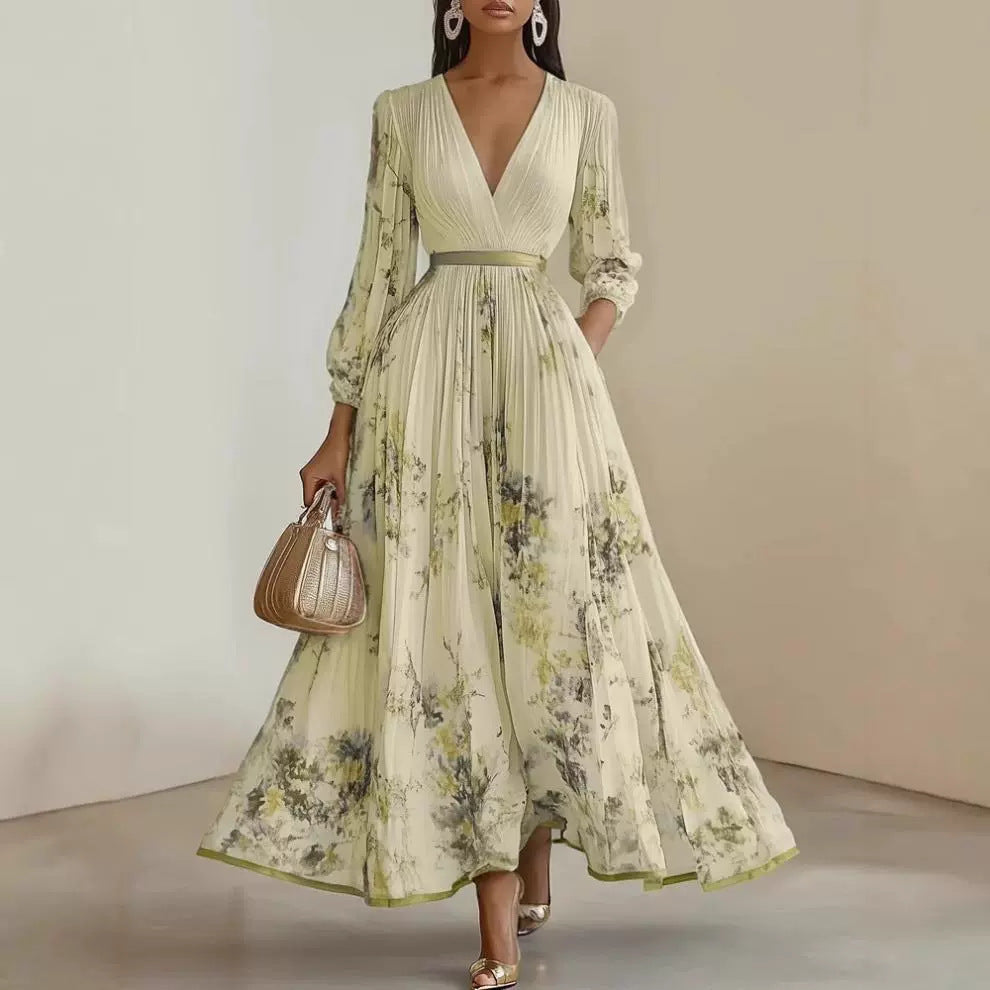 Floral Print V-Neck Pleated Long Dress