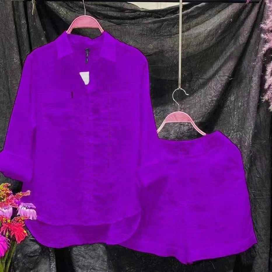 Plus Size Cotton Linen Casual Shirt and Shorts Set