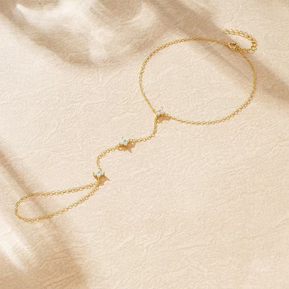Layered Floral Finger Ring Chain Bracelet
