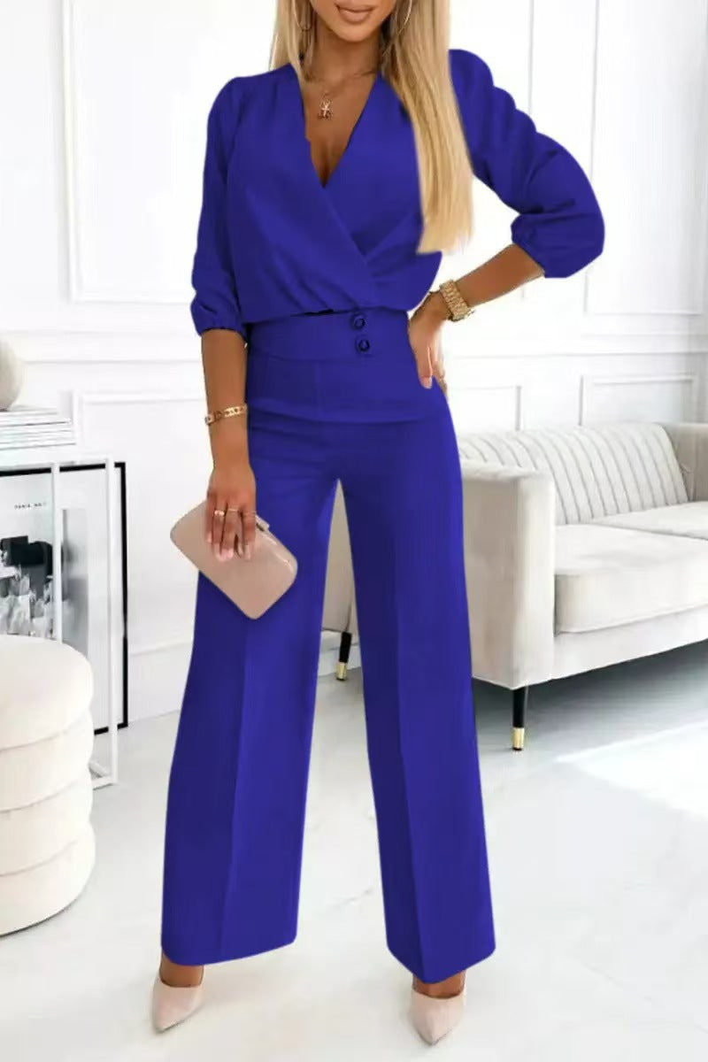 Casual V-Neck Two-Button Pants Suit