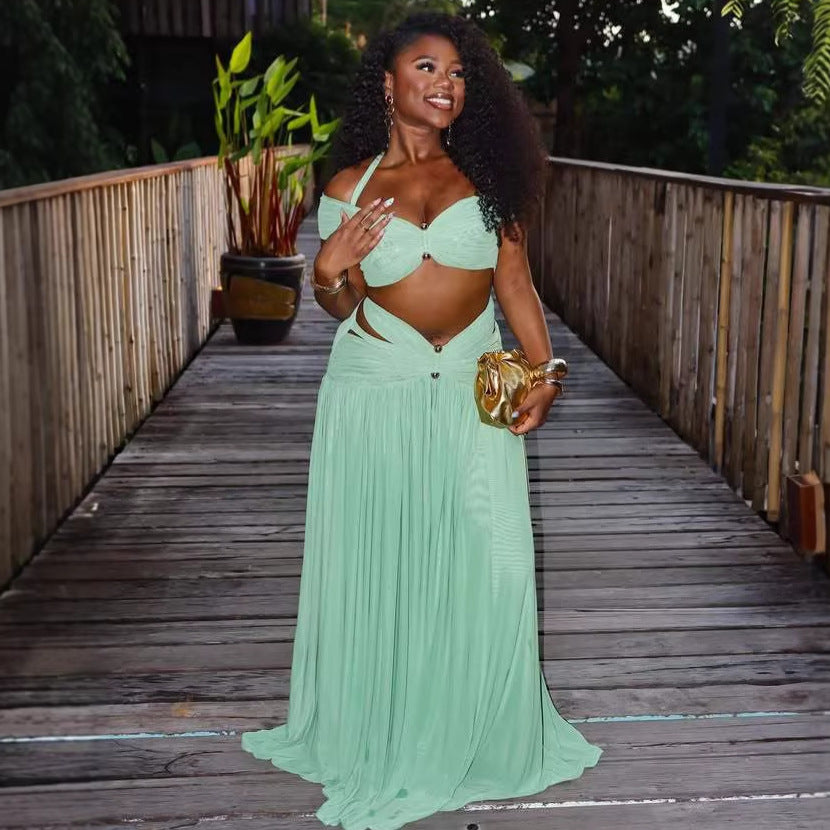 Solid Color Halter Neck Two-Piece Skirt Set