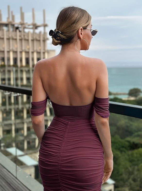 Off-Shoulder Pleated Mid-Length Dress