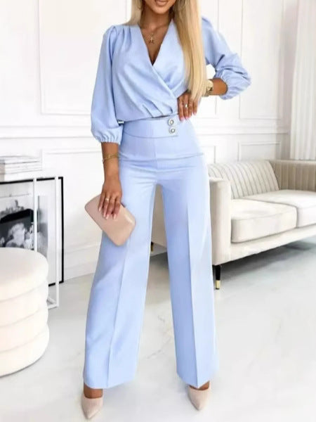 Casual V-Neck Two-Button Pants Suit