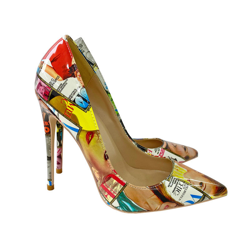 PU Graffiti Pointed Toe Stiletto Heel