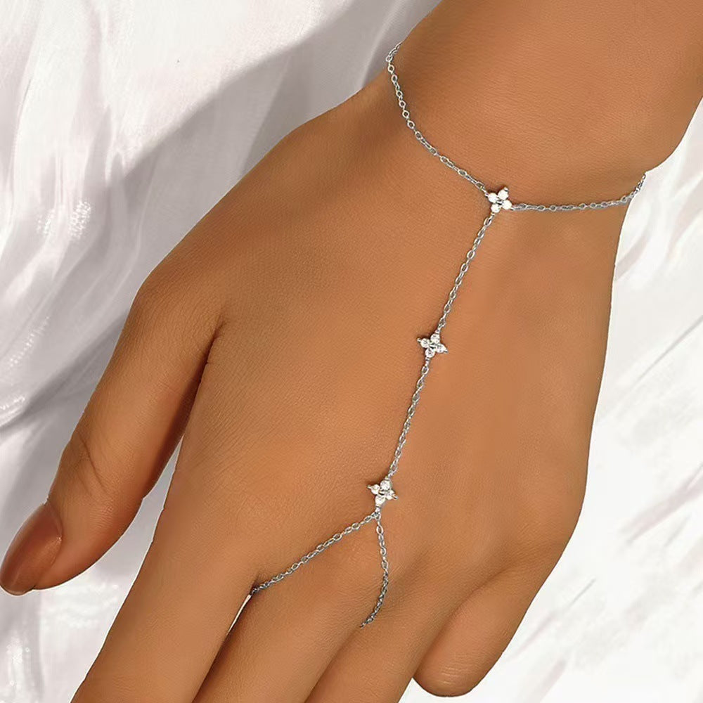 Layered Floral Finger Ring Chain Bracelet