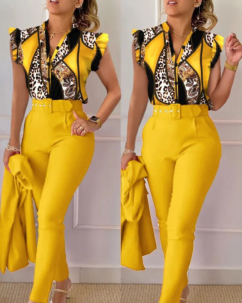 Fashion Printed Lotus Sleeve Top and Pants