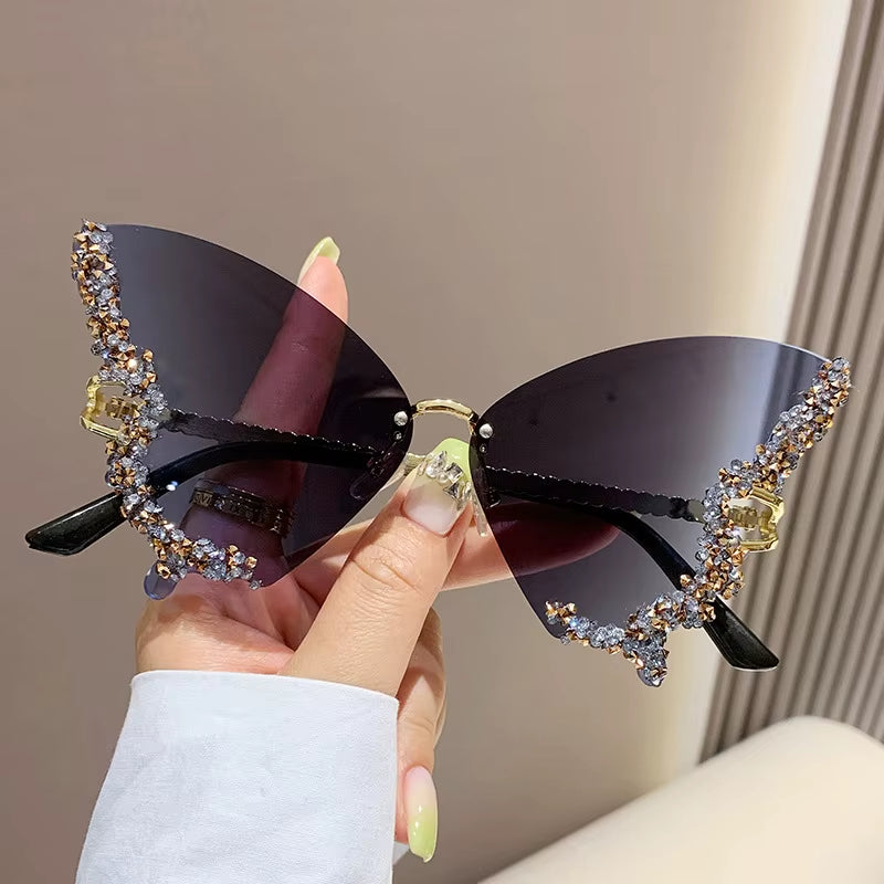 Luxury Diamond Butterfly Sunglasses Women Brand Y2K Vintage Rimless Oversized Sun Glasses Ladies Eyewear Shades UV400 Goggles