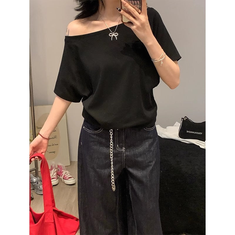 Off-the-Shoulder Loose Solid T-Shirt