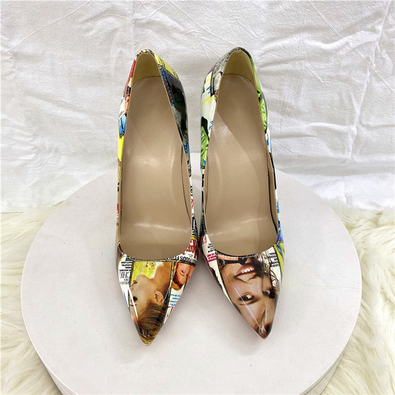 PU Graffiti Pointed Toe Stiletto Heel