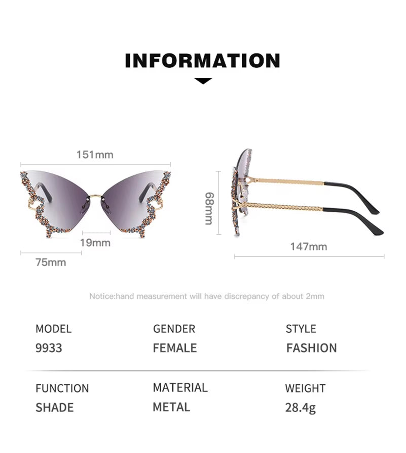 Luxury Diamond Butterfly Sunglasses Women Brand Y2K Vintage Rimless Oversized Sun Glasses Ladies Eyewear Shades UV400 Goggles