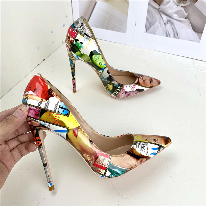 PU Graffiti Pointed Toe Stiletto Heel