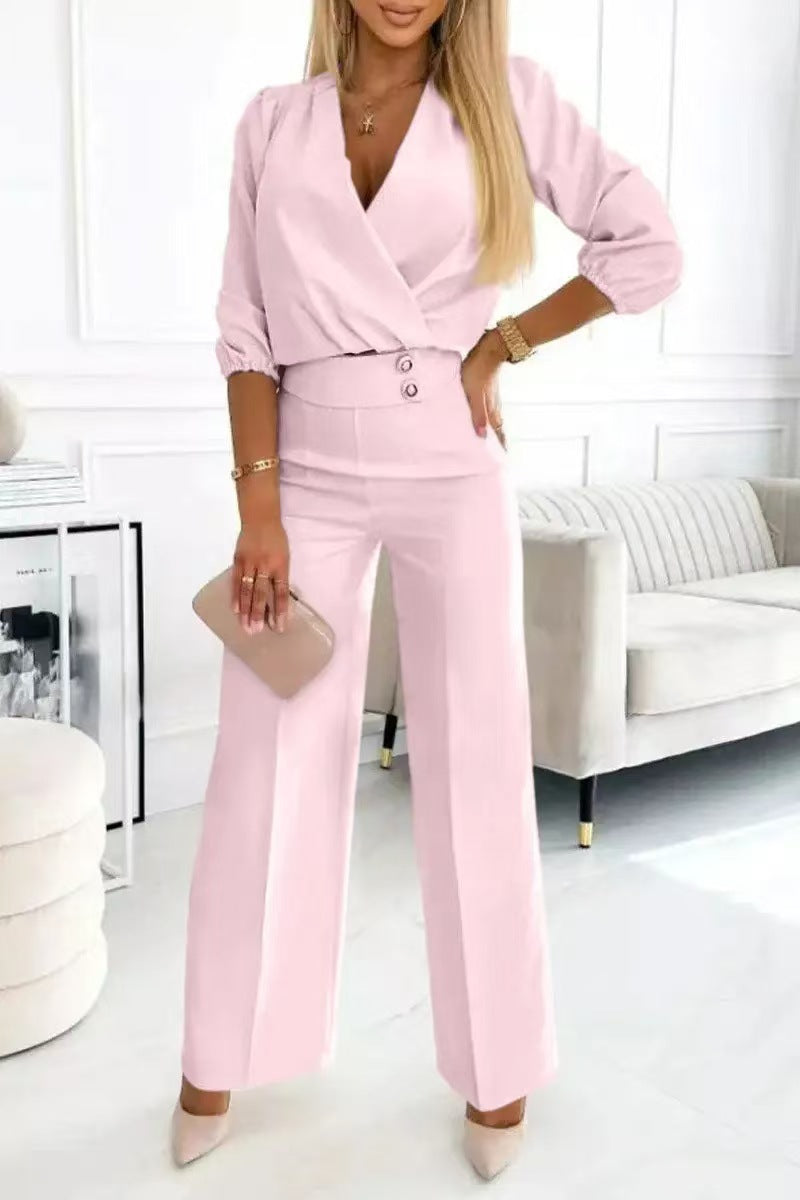 Casual V-Neck Two-Button Pants Suit