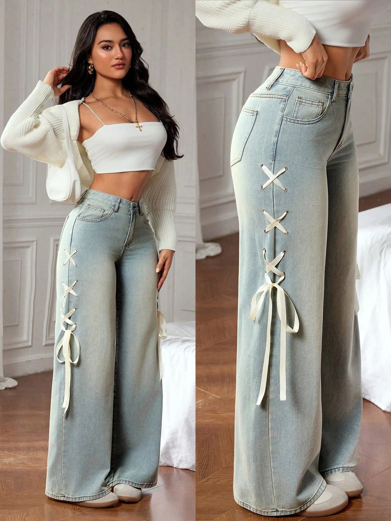 Wide-Leg Denim Jeans with Side Ribbon