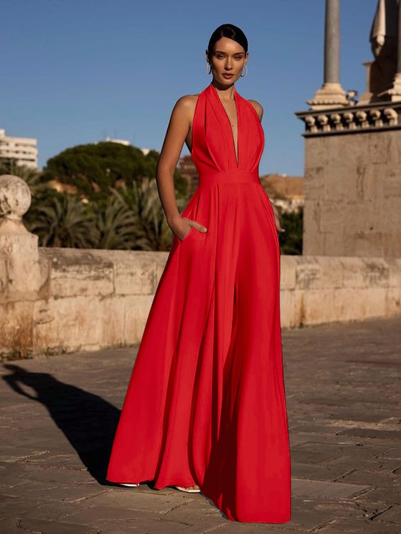 Solid-Color Halter Waist-Cinching Wide-Leg Trousers
