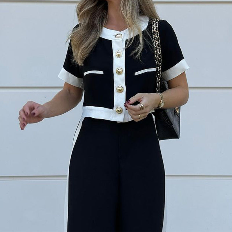 Short-Sleeve Top and Straight Pants Suit