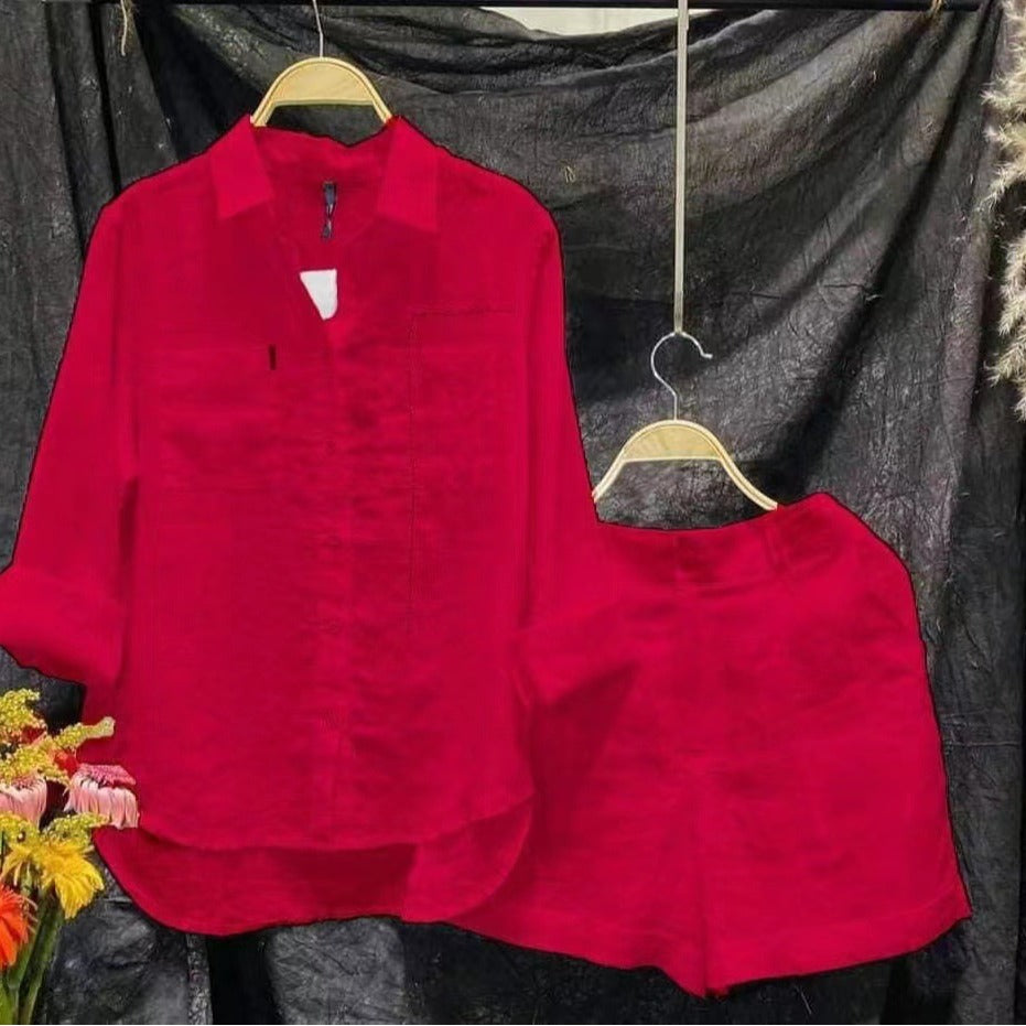 Plus Size Cotton Linen Casual Shirt and Shorts Set
